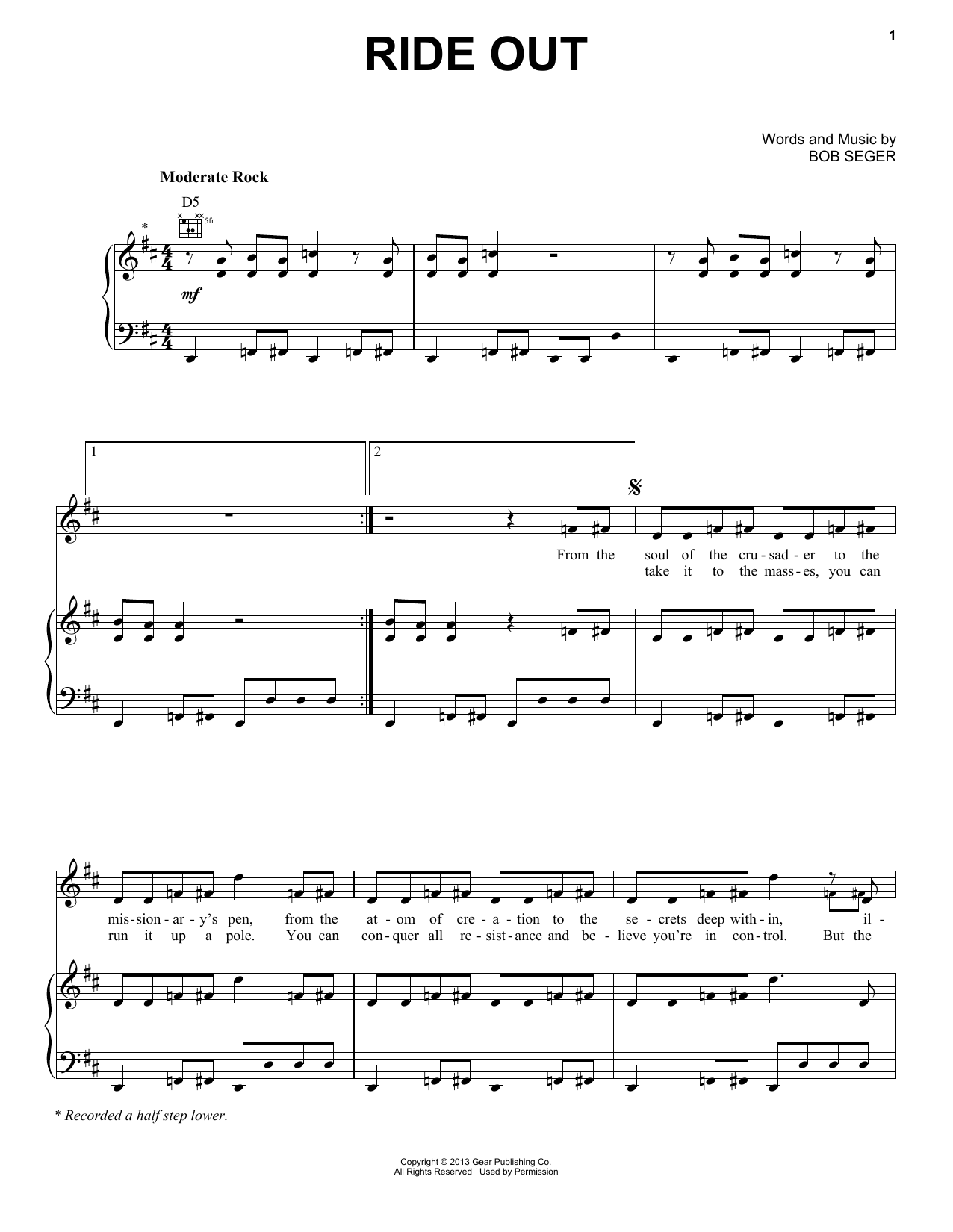 Bob Seger Ride Out sheet music notes and chords arranged for Piano, Vocal & Guitar Chords (Right-Hand Melody)