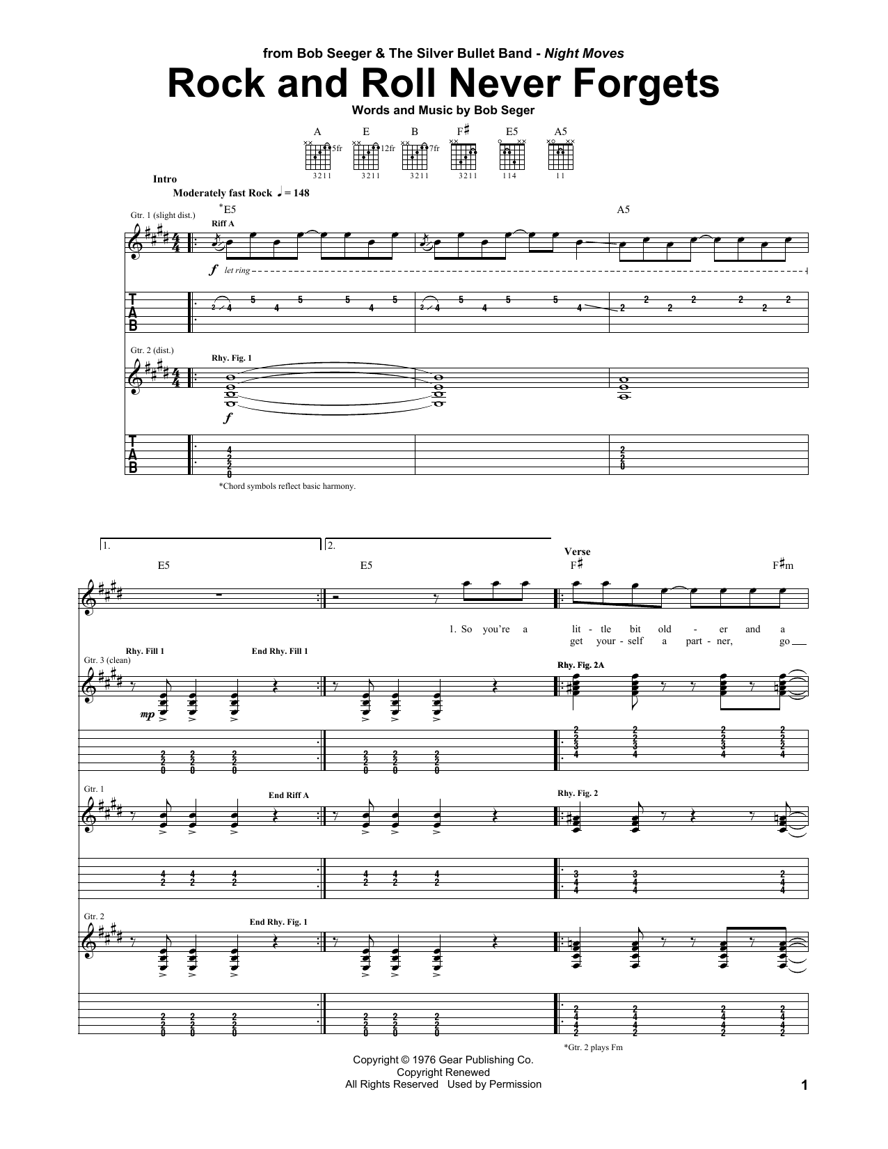 Bob Seger Rock And Roll Never Forgets sheet music notes and chords arranged for Piano, Vocal & Guitar Chords (Right-Hand Melody)