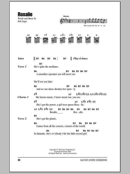 Bob Seger Rosalie sheet music notes and chords arranged for Guitar Chords/Lyrics