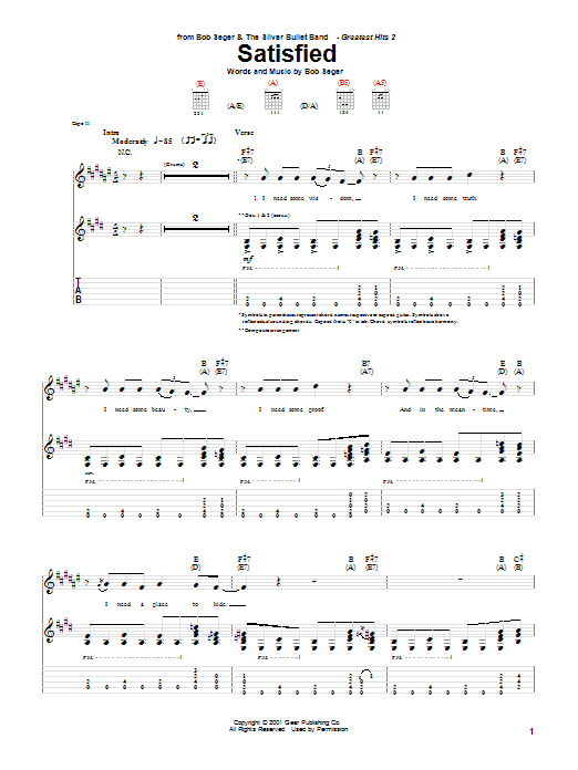 Bob Seger Satisfied sheet music notes and chords arranged for Guitar Tab