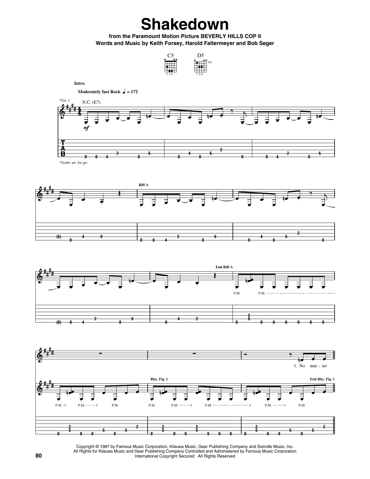 Bob Seger Shakedown (from Beverly Hills Cop II) sheet music notes and chords arranged for Guitar Tab