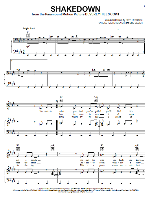 Bob Seger Shakedown sheet music notes and chords arranged for Super Easy Piano