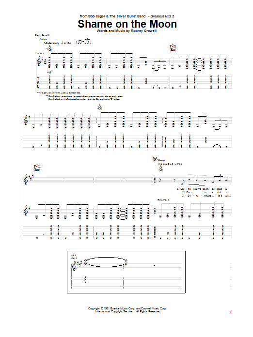 Bob Seger Shame On The Moon sheet music notes and chords arranged for Piano, Vocal & Guitar Chords (Right-Hand Melody)