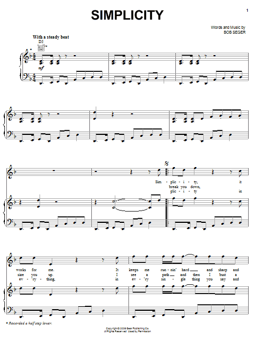 Bob Seger Simplicity sheet music notes and chords arranged for Piano, Vocal & Guitar Chords (Right-Hand Melody)