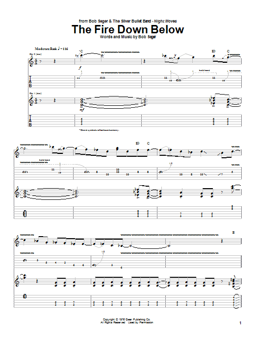 Bob Seger The Fire Down Below sheet music notes and chords arranged for Guitar Tab