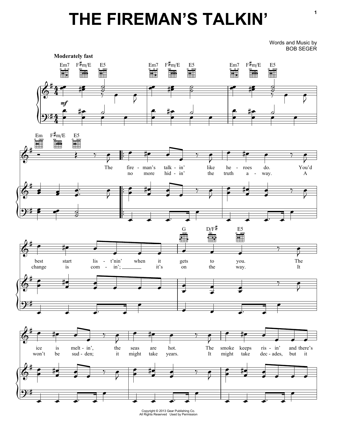 Bob Seger The Fireman's Talkin' sheet music notes and chords arranged for Piano, Vocal & Guitar Chords (Right-Hand Melody)