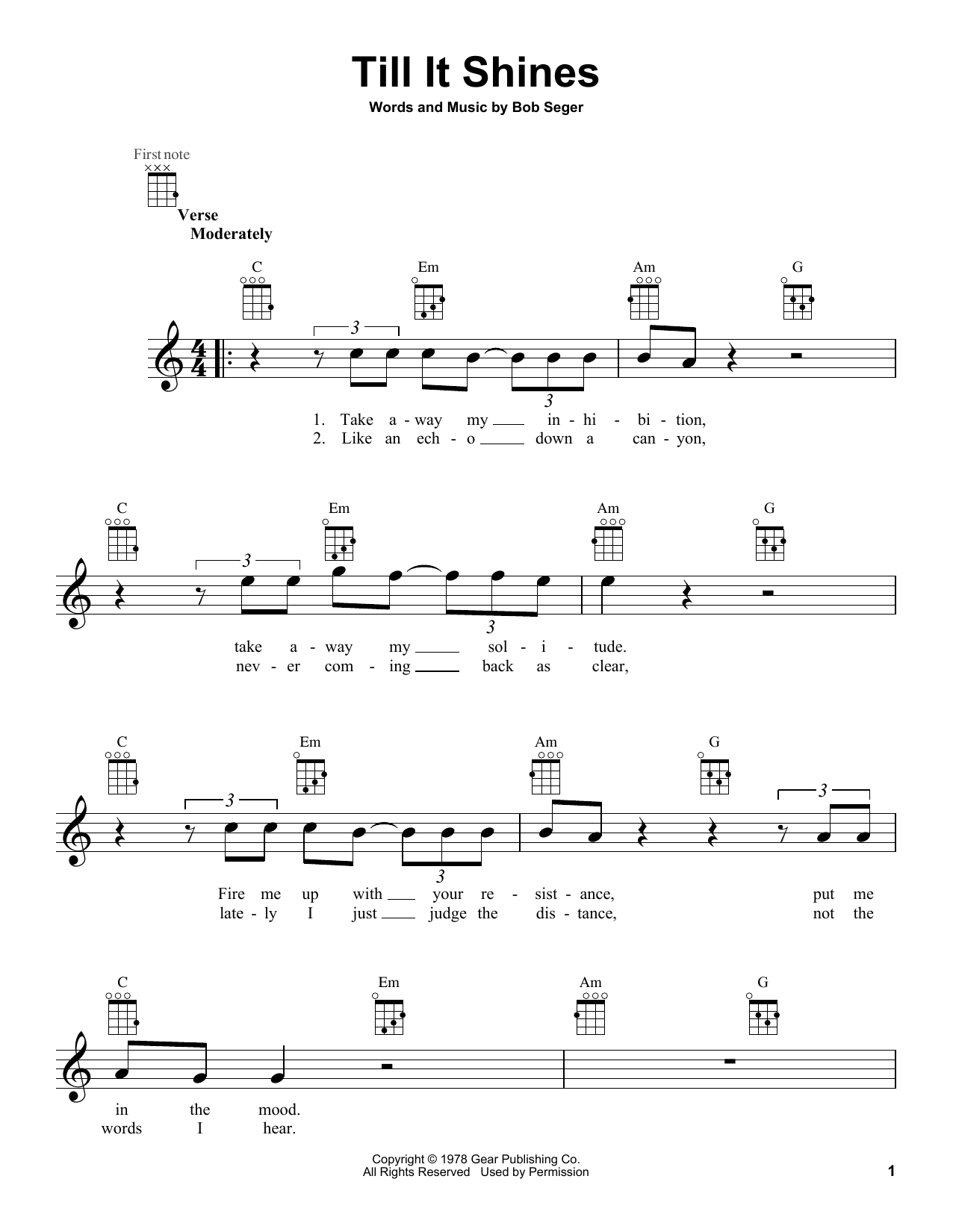 Bob Seger Till It Shines sheet music notes and chords arranged for Ukulele