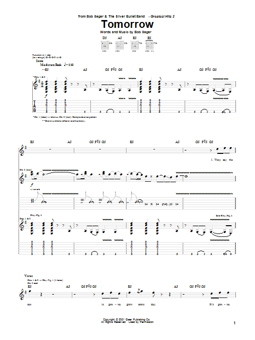 Bob Seger Tomorrow sheet music notes and chords arranged for Piano, Vocal & Guitar Chords (Right-Hand Melody)
