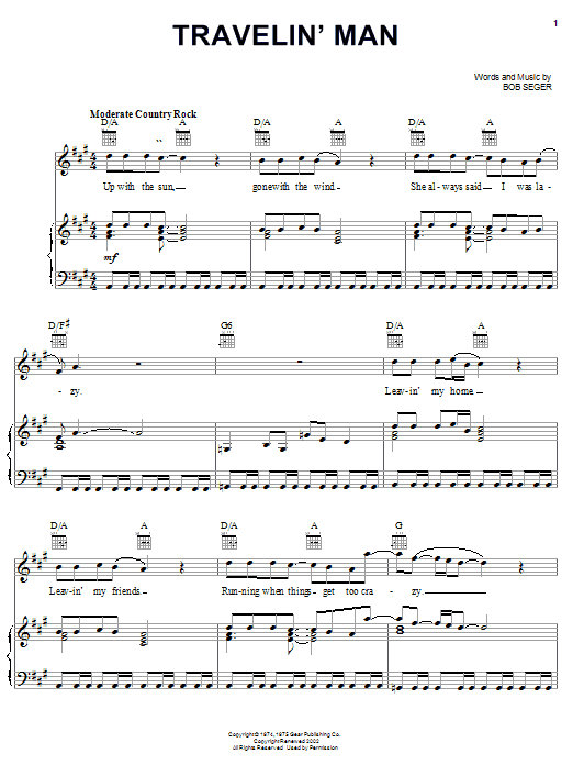 Bob Seger Travelin' Man sheet music notes and chords arranged for Piano, Vocal & Guitar Chords (Right-Hand Melody)