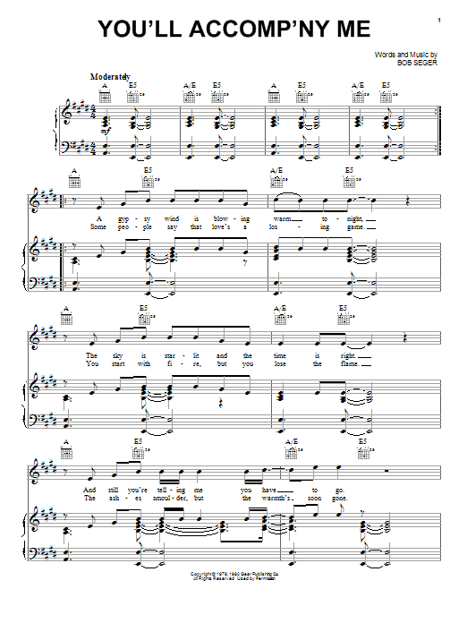 Bob Seger You'll Accomp'ny Me sheet music notes and chords arranged for ChordBuddy