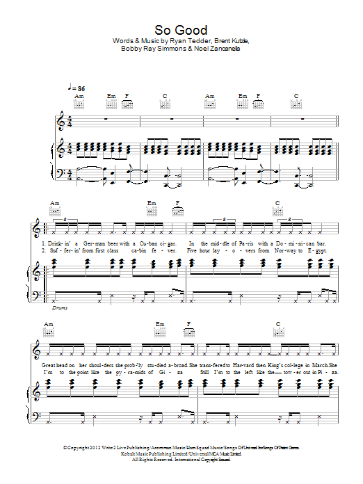 B.o.B So Good sheet music notes and chords arranged for Piano, Vocal & Guitar Chords