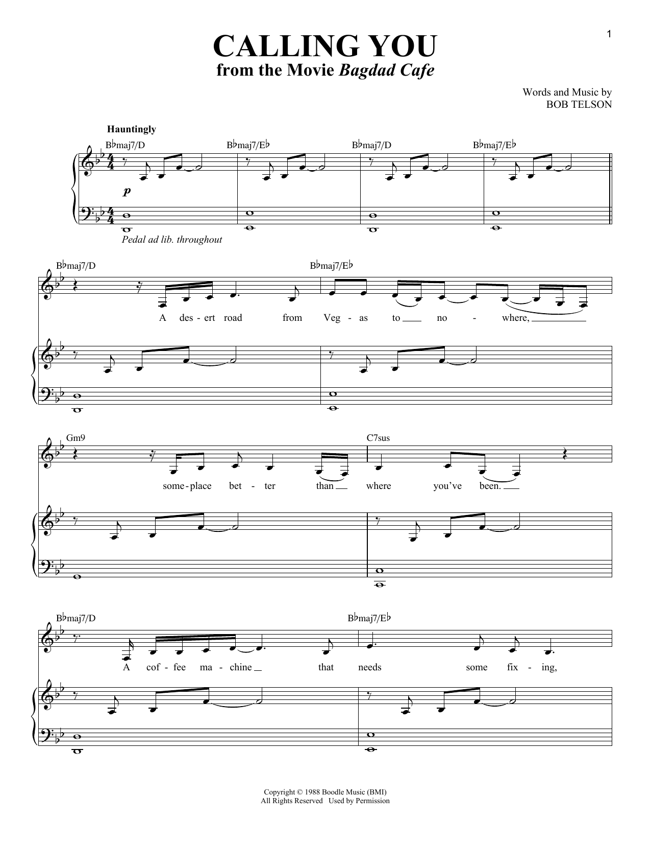 Bob Telson Calling You (from Bagdad Cafe) sheet music notes and chords arranged for Piano & Vocal