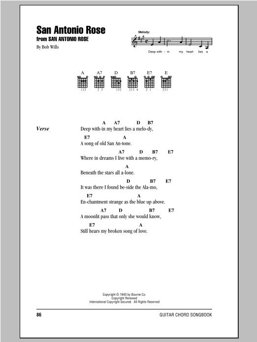 Bob Wills San Antonio Rose sheet music notes and chords arranged for Guitar Chords/Lyrics