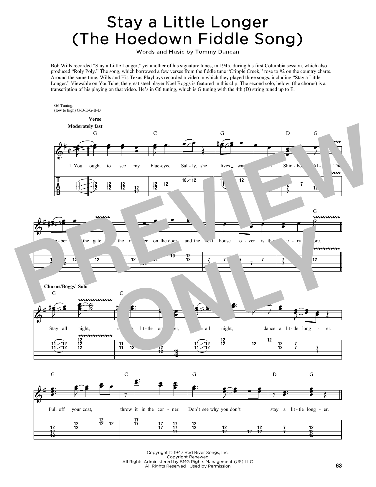 Bob Wills Stay A Little Longer (The Hoedown Fiddle Song) (arr. Fred Sokolow) sheet music notes and chords arranged for Guitar Tab