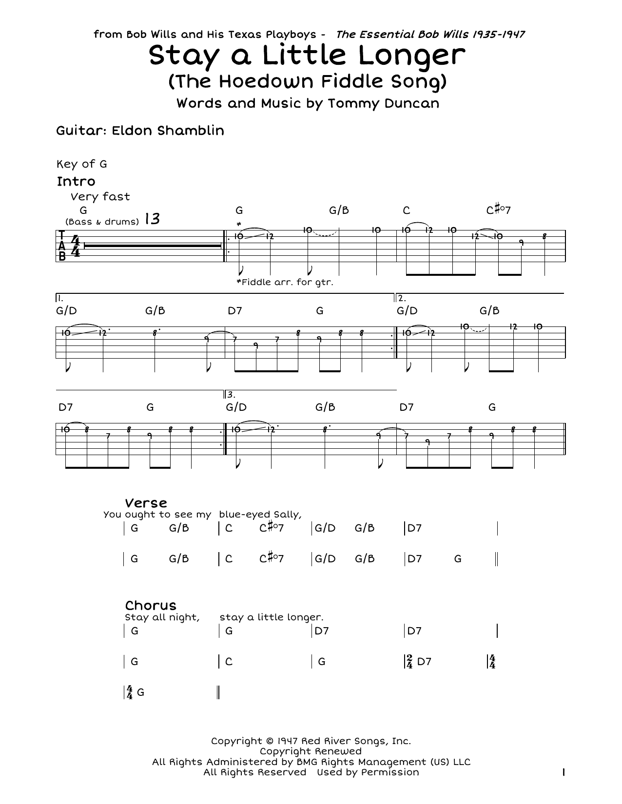 Bob Wills Stay A Little Longer (The Hoedown Fiddle Song) sheet music notes and chords arranged for Guitar Lead Sheet