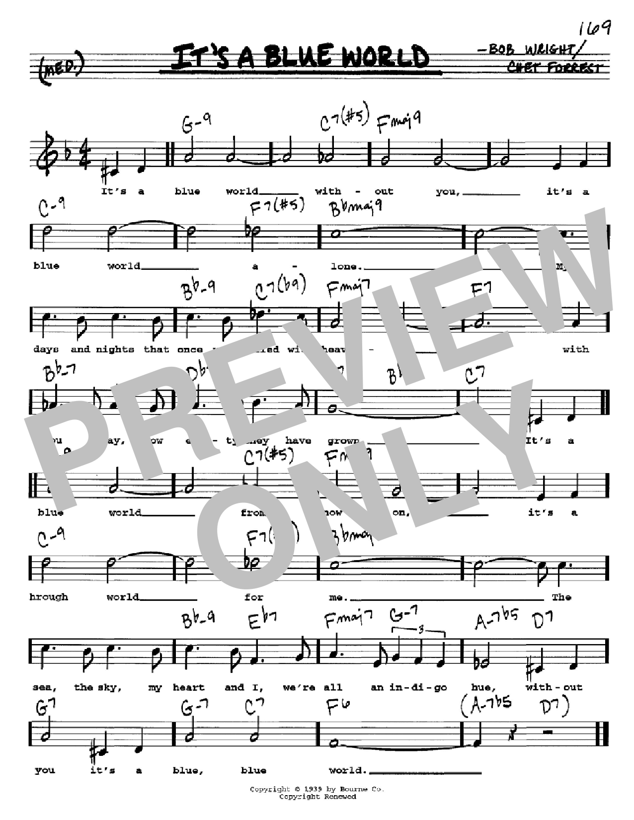 Bob Wright It's A Blue World sheet music notes and chords arranged for Piano, Vocal & Guitar Chords (Right-Hand Melody)