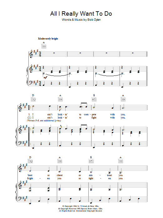 Bob Dylan All I Really Want To Do sheet music notes and chords arranged for Piano, Vocal & Guitar Chords