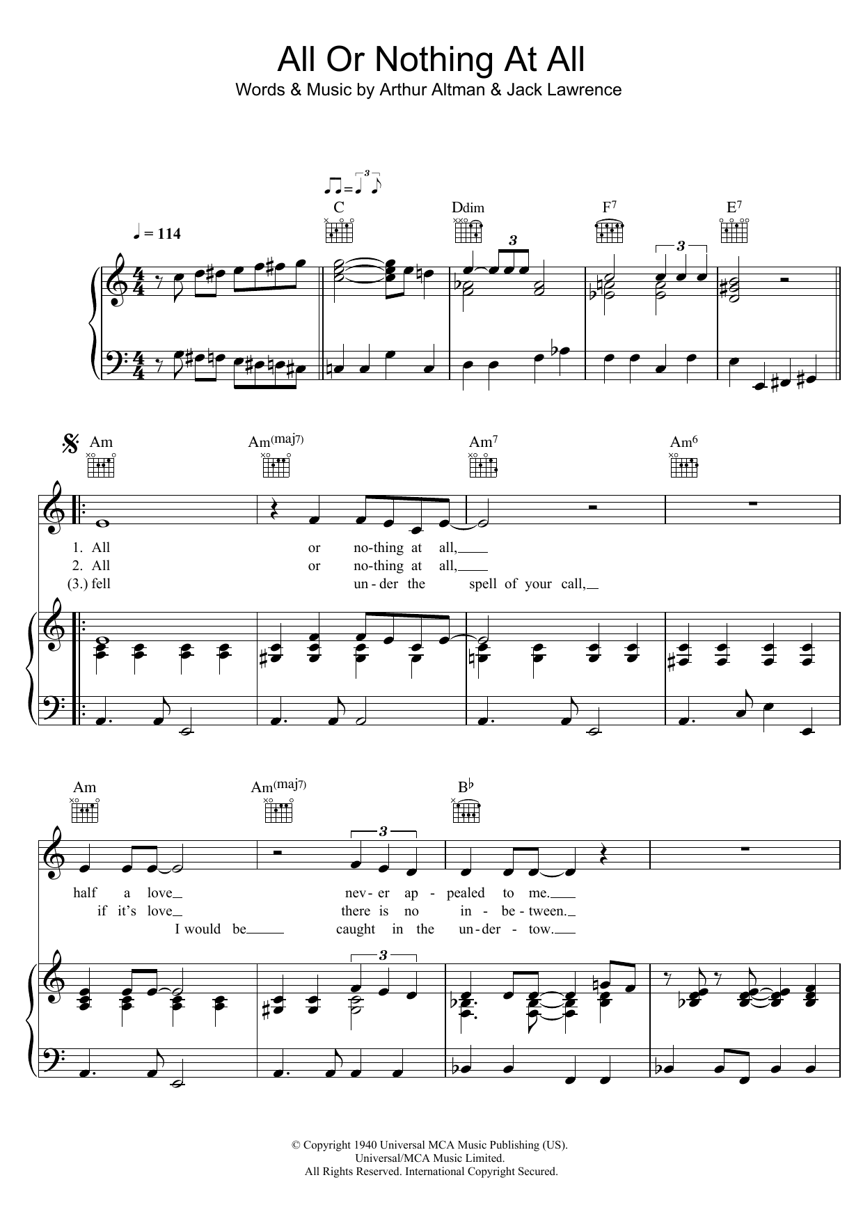 Bob Dylan All Or Nothing At All sheet music notes and chords arranged for Piano, Vocal & Guitar Chords