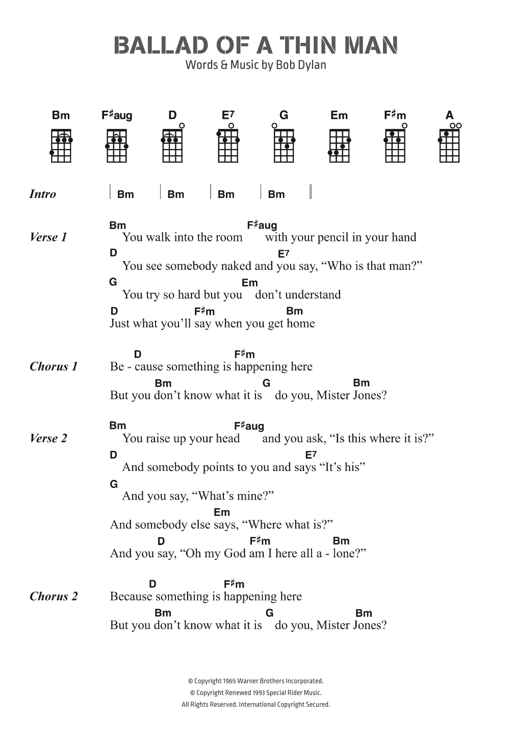 Bob Dylan Ballad Of A Thin Man sheet music notes and chords arranged for Piano, Vocal & Guitar Chords