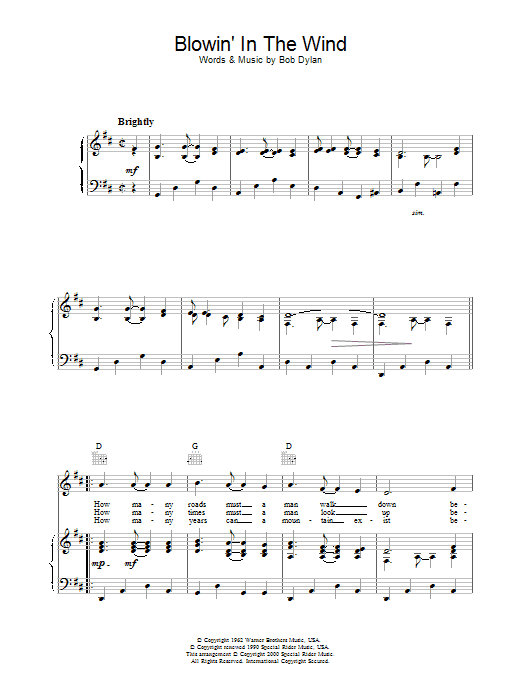 Bob Dylan Blowin' In The Wind sheet music notes and chords. Download Printable PDF.