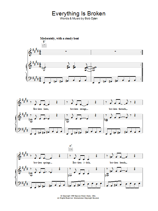 Bob Dylan Everything Is Broken sheet music notes and chords arranged for Piano, Vocal & Guitar Chords