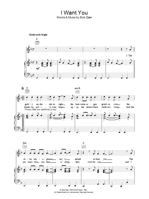 Bob Dylan I Want You sheet music notes and chords arranged for Piano, Vocal & Guitar Chords