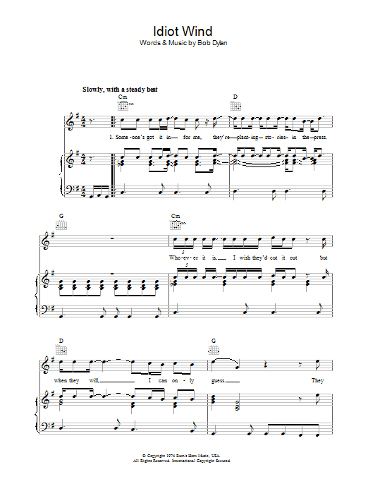 Bob Dylan Idiot Wind sheet music notes and chords arranged for Piano, Vocal & Guitar Chords