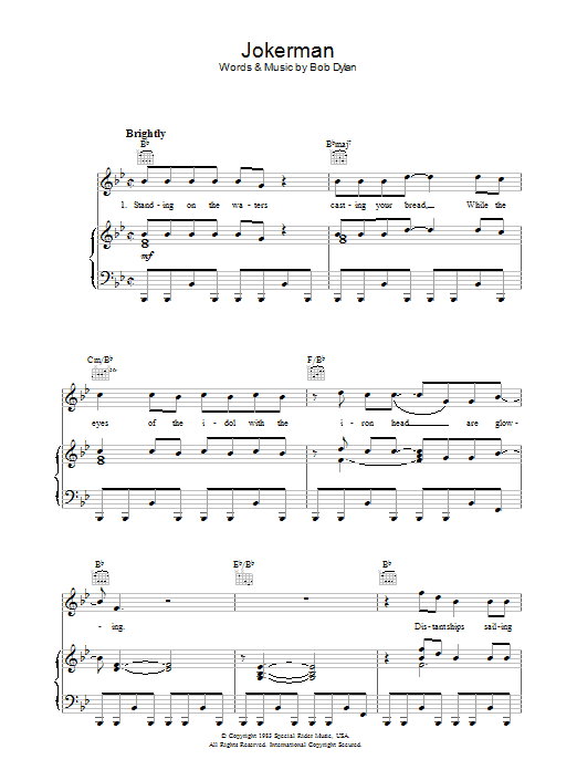 Bob Dylan Jokerman sheet music notes and chords arranged for Piano, Vocal & Guitar Chords