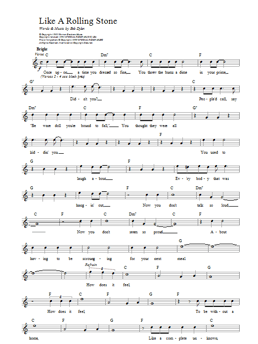 Bob Dylan Like A Rolling Stone sheet music notes and chords. Download Printable PDF.