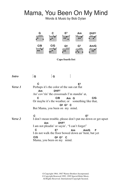 Bob Dylan Mama, You Been On My Mind sheet music notes and chords arranged for Guitar Chords/Lyrics