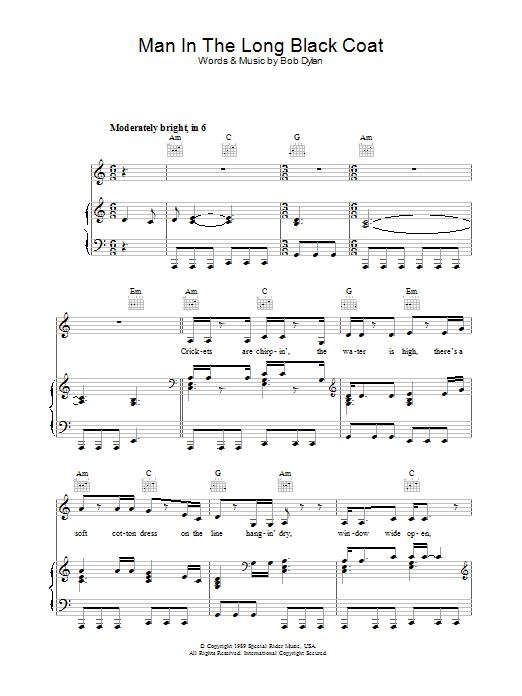 Bob Dylan Man In The Long Black Coat sheet music notes and chords. Download Printable PDF.