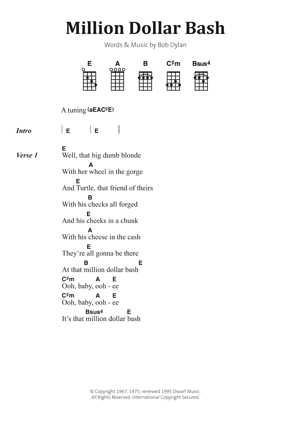 Bob Dylan Million Dollar Bash sheet music notes and chords arranged for Ukulele Chords/Lyrics