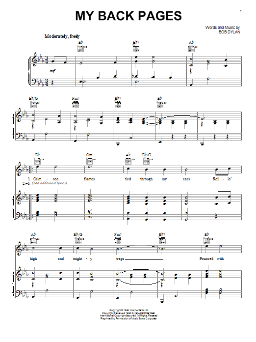 Bob Dylan My Back Pages sheet music notes and chords arranged for Piano, Vocal & Guitar Chords