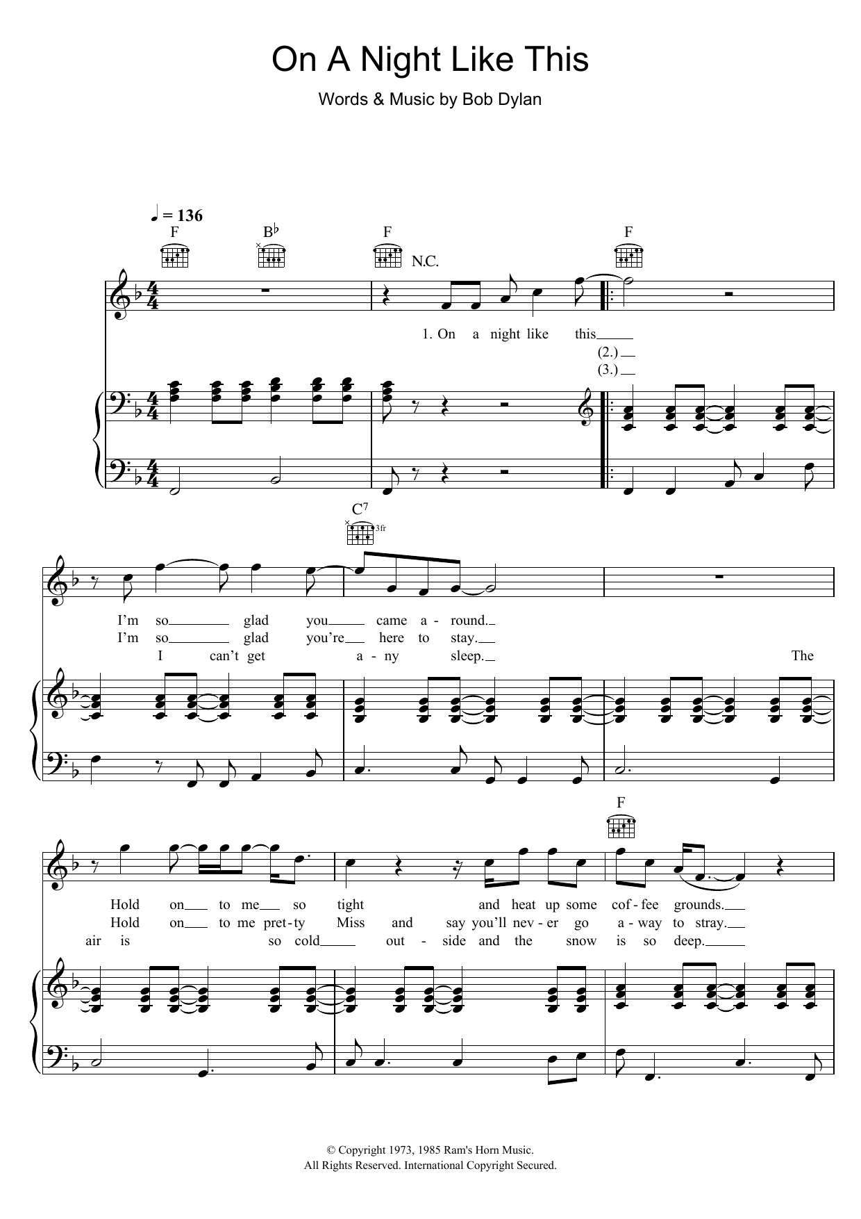 Bob Dylan On A Night Like This sheet music notes and chords arranged for Piano, Vocal & Guitar Chords