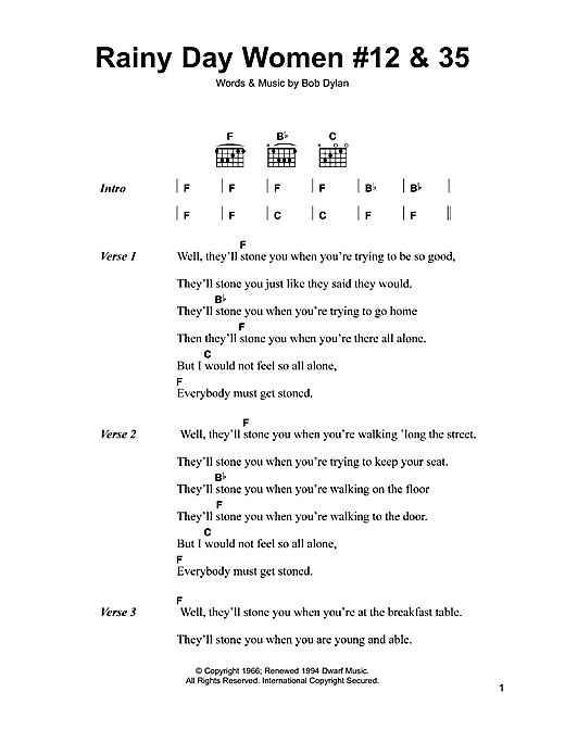 Bob Dylan Rainy Day Women #12 & 35 sheet music notes and chords arranged for Guitar Chords/Lyrics
