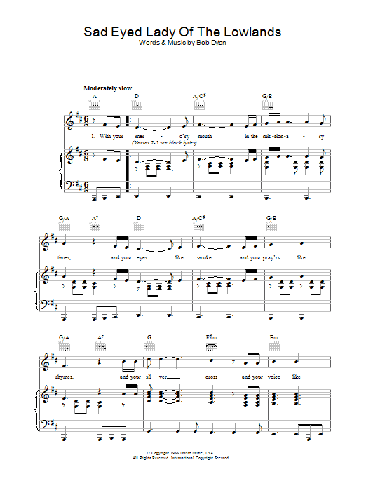 Bob Dylan Sad Eyed Lady Of The Lowlands sheet music notes and chords. Download Printable PDF.