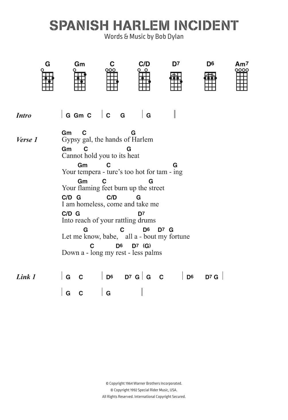 Bob Dylan Spanish Harlem Incident sheet music notes and chords arranged for Piano, Vocal & Guitar Chords