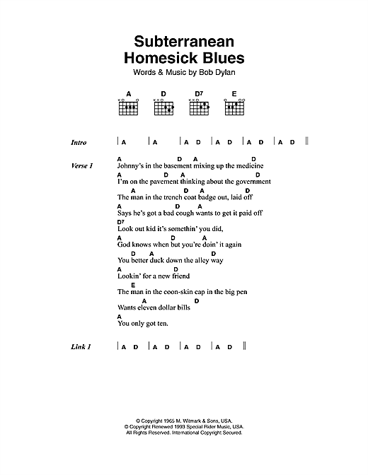 Bob Dylan Subterranean Homesick Blues sheet music notes and chords arranged for Piano, Vocal & Guitar Chords