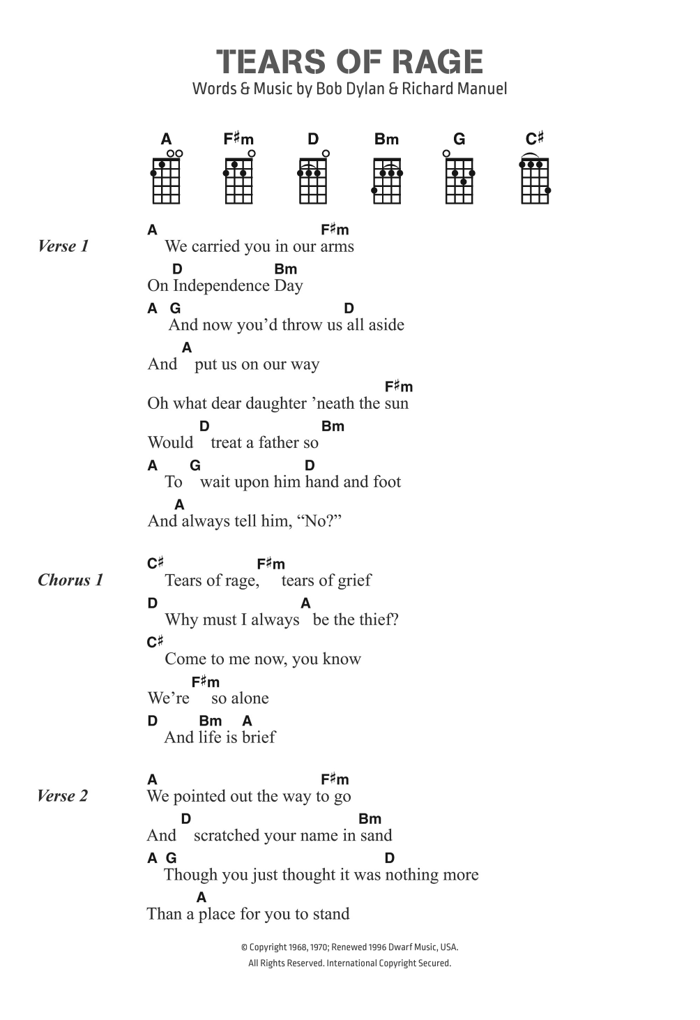 Bob Dylan Tears Of Rage sheet music notes and chords arranged for Guitar Chords/Lyrics