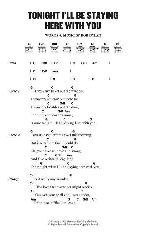 Bob Dylan Tonight I'll Be Staying Here With You sheet music notes and chords arranged for Guitar Chords/Lyrics