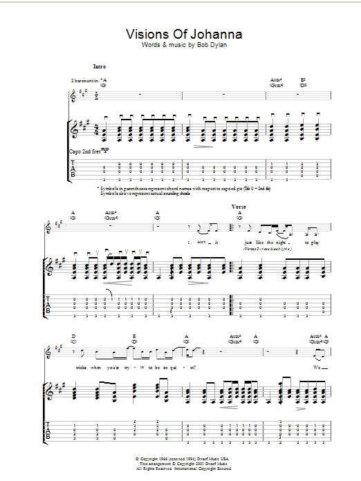Bob Dylan Visions Of Johanna sheet music notes and chords arranged for Piano, Vocal & Guitar Chords