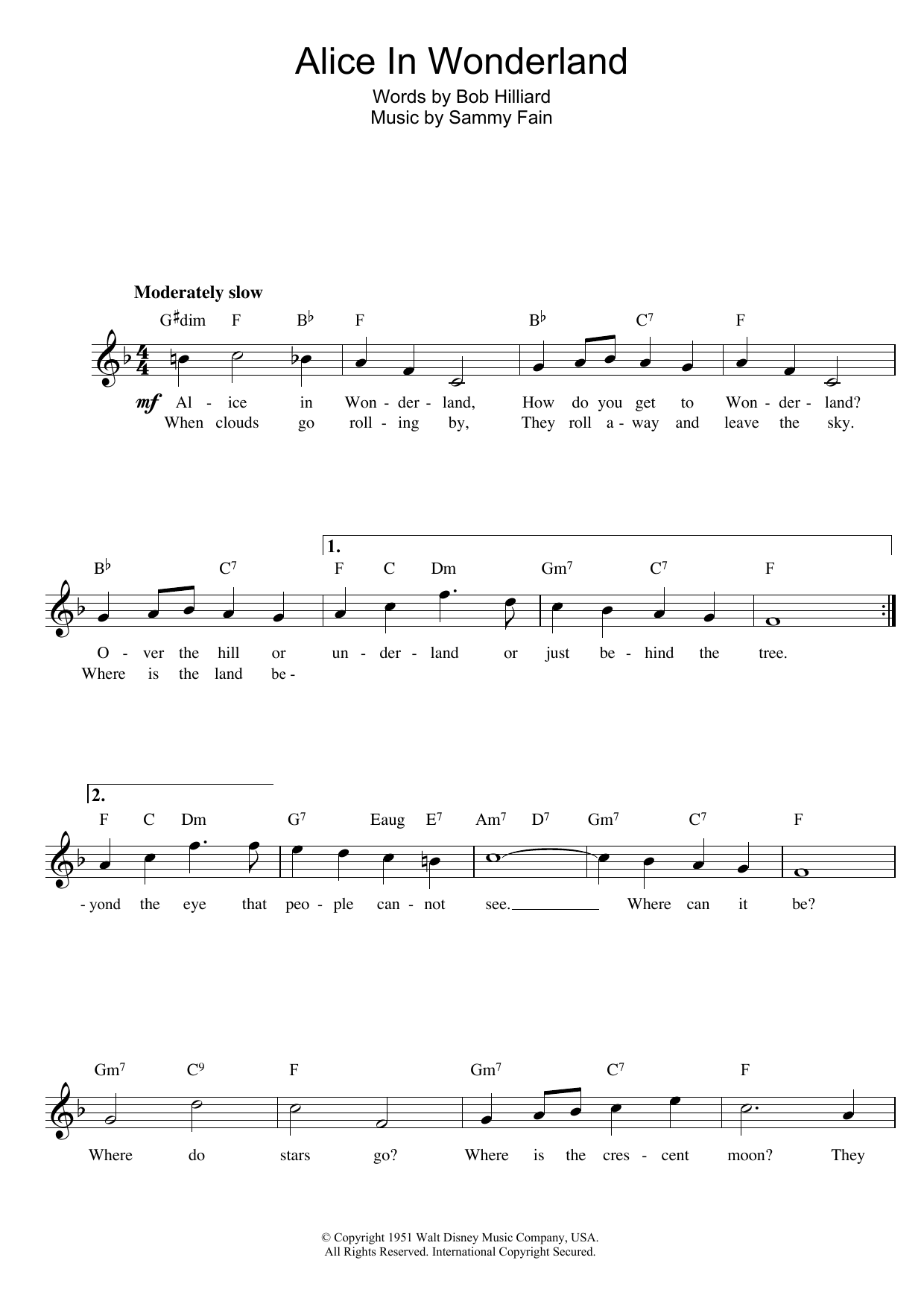 Bob Hilliard Alice In Wonderland sheet music notes and chords. Download Printable PDF.