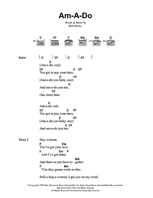 Bob Marley Am-A-Do sheet music notes and chords arranged for Guitar Chords/Lyrics