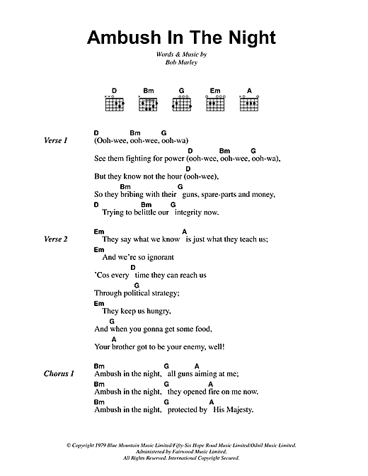 Bob Marley Ambush In The Night sheet music notes and chords arranged for Guitar Chords/Lyrics
