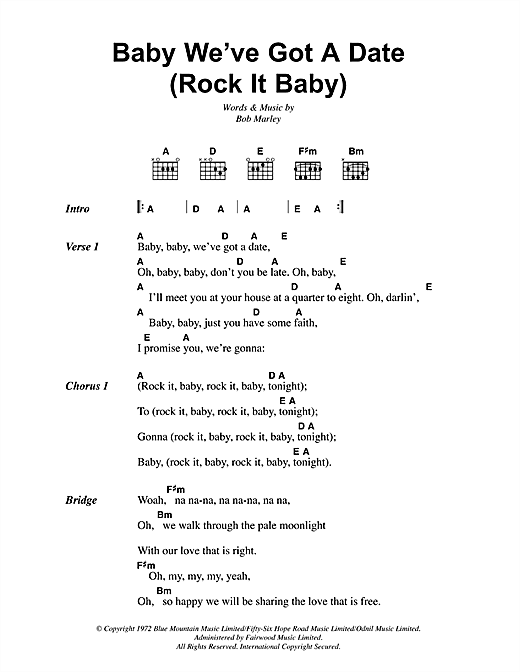 Bob Marley Baby We've Got A Date (Rock It Baby) sheet music notes and chords arranged for Guitar Chords/Lyrics