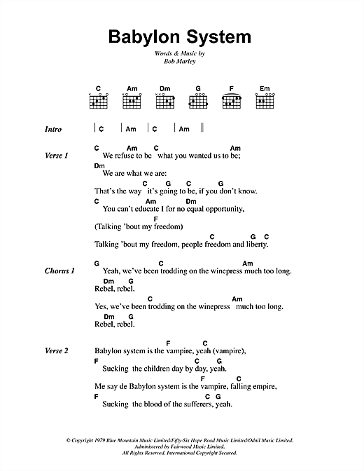 Bob Marley Babylon System sheet music notes and chords arranged for Guitar Chords/Lyrics