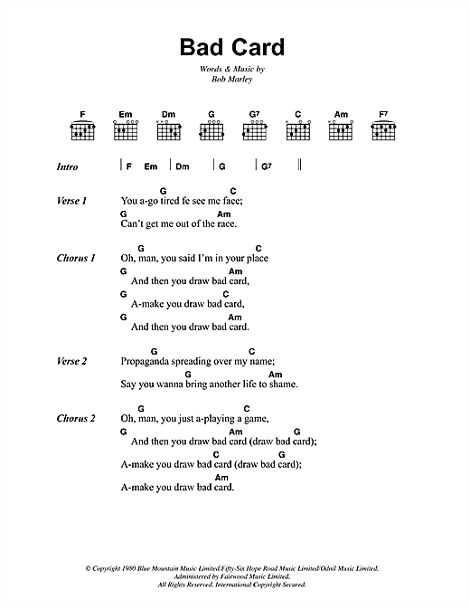Bob Marley Bad Card sheet music notes and chords arranged for Guitar Chords/Lyrics