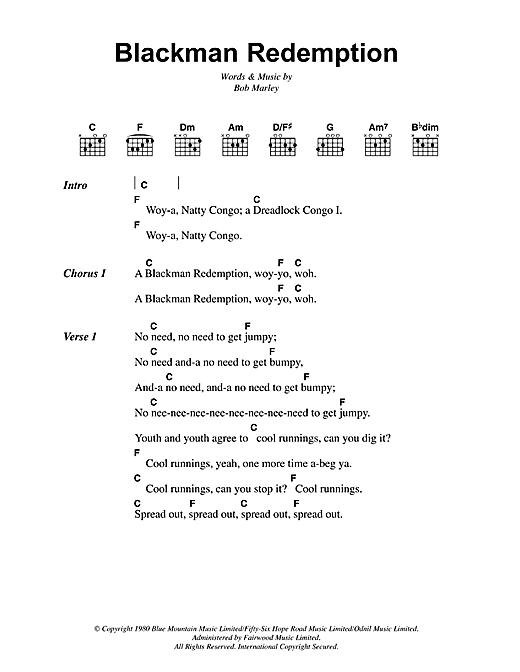 Bob Marley Blackman Redemption sheet music notes and chords arranged for Guitar Chords/Lyrics