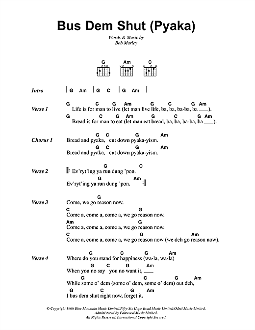 Bob Marley Bus Dem Shut (Pyaka) sheet music notes and chords arranged for Guitar Chords/Lyrics