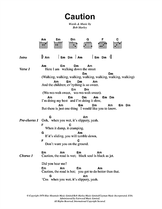 Bob Marley Caution sheet music notes and chords arranged for Guitar Chords/Lyrics